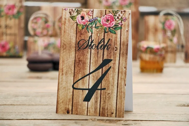 Numery stolików - Rustykalne nr 1 - Różowe kwiaty - dodatki ślubne