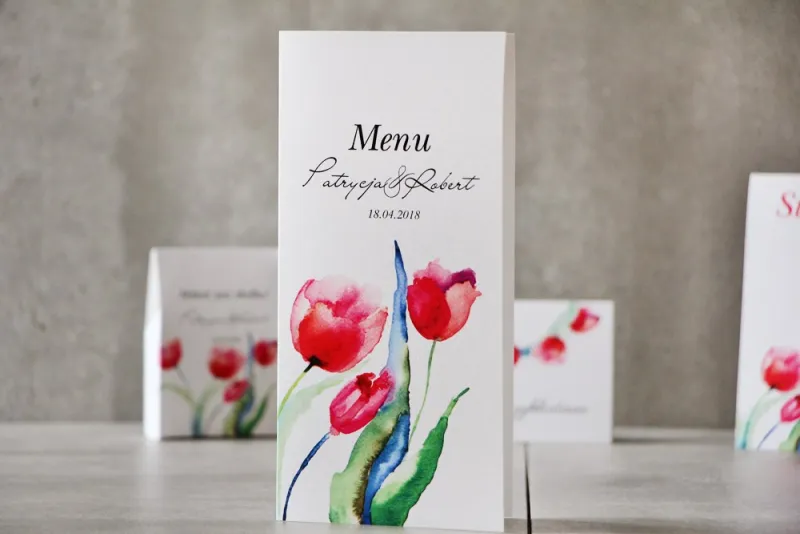 Menu weselne, ślub, stół weselny - Pistacjowe nr 5 - Czerwone akwarelowe tulipany Menu weselne, ślub, stół weselny - Pistacjowe nr 5 - Czerwone akwarelowe tulipany