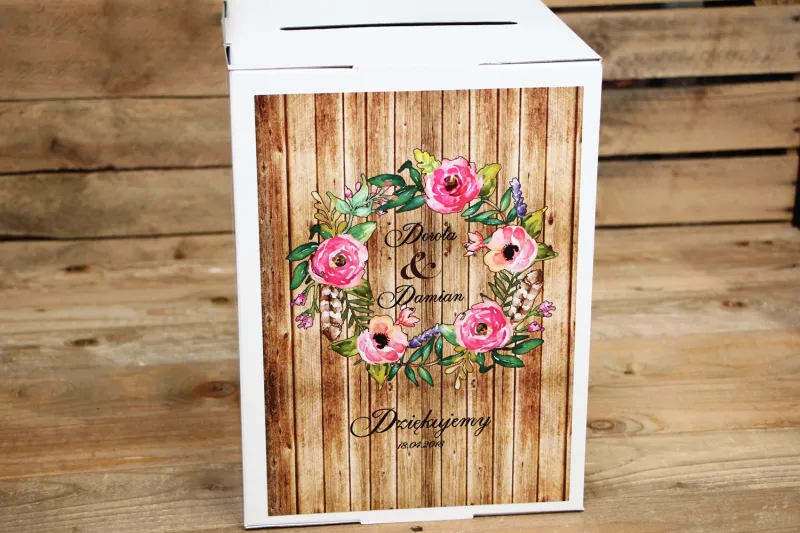 Pudełko na koperty - Rustykalne nr 1 - Różowe kwiaty na tle drewna - Dodatki i akcesoria ślubne