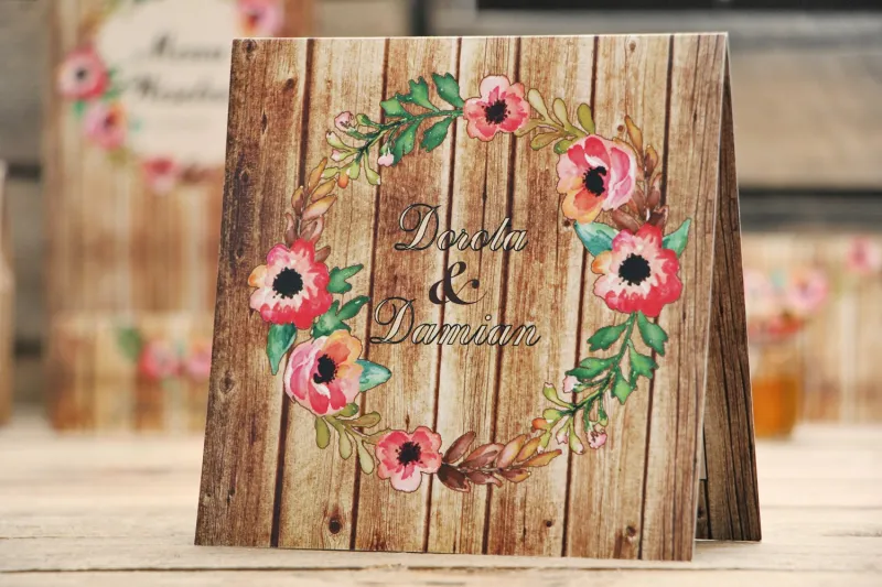 Zaproszenie ślubne, zaproszenia na ślub kwiatowe z motywem drewna - Rustykalne nr 2 - Różowe kwiaty