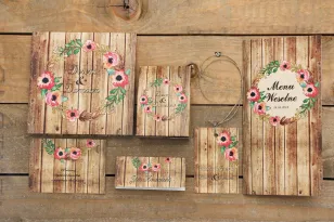 Zaproszenie ślubne z dodatkami - Rustykalne nr 2 - z motywem drewna i różowymi kwiatami