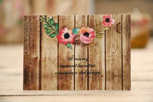 Bilecik do zaproszenia ślubnego, prezenty ślubne, weselne - Rustykalne nr 2 - Różowa eustoma z motywem drewna