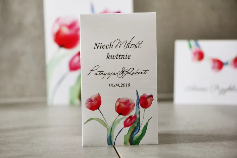 Podziękowania dla Gości weselnych - Nasiona Niezapominajki - Pistacjowe nr 5 - Czerwone tulipany.