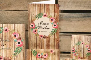 Hochzeitsmenü, Hochzeitstisch - Rustikal Nr. 2 - rosa Eustoma auf dem Hintergrund des Holzmotivs - Hochzeitszubehör