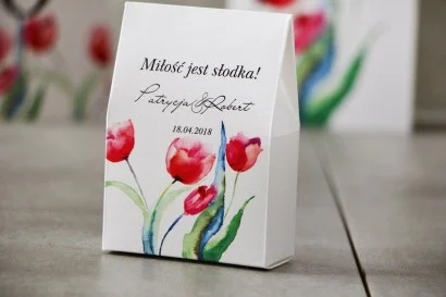 Pudełeczko, ślubne podziękowania - Pistacjowe nr 5 - Czerwone tulipany