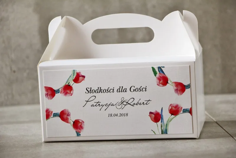 Prostokątne pudełko na ciasto, tort weselny, Ślub - Pistacjowe nr 5 - Intensywne czerwone tulipany