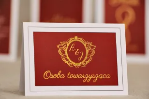 Winietki na stół weselny, ślub - Sonata nr 3 - Czerwień i złoto - Eleganckie dodatki ślubne ze złoceniem