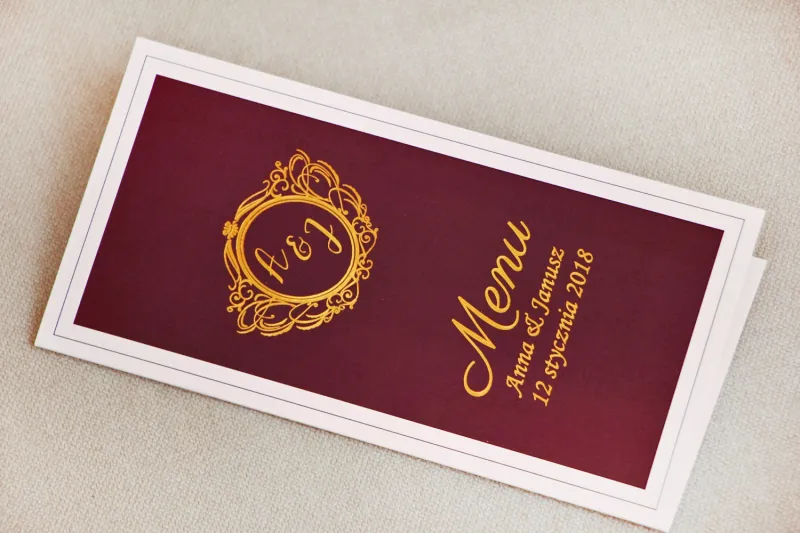 Menu weselne, stół weselny - Sonata nr 6 - Bordo i złoto - dodatki ślubne ze złoceniem Menu weselne, stół weselny - Sonata nr 6 - Bordo i złoto - dodatki ślubne ze złoceniem