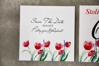 Save The Date do zaproszenia - Pistacjowe nr 5 - Czerwone tulipany