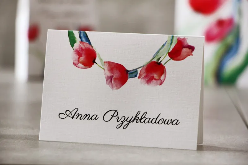 Winietki na stół weselny, ślub - Pistacjowe nr 5 - Wiosenne czerwone tulipany
