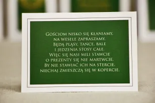 Bilecik do zaproszenia 105 x 74 mm prezenty ślubne wesele - Sonata nr 7 - ciemna zieleń i biel