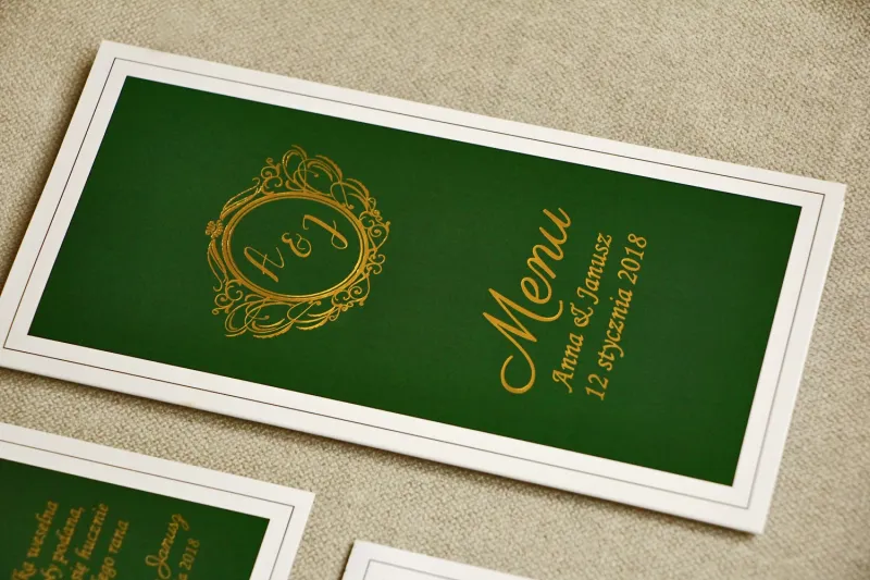 Menu weselne, stół weselny - Sorento nr 7 - Ciemna zieleń - dodatki ślubne ze złoceniem w stylu glamour Menu weselne, stół weselny - Sorento nr 7 - Ciemna zieleń - dodatki ślubne ze złoceniem w stylu glamour