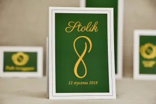 Numery stolików, stół weselny, ślub - Sonata nr 7 - Ciemna zieleń - dodatki ślubne ze złoceniem