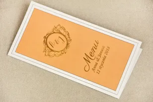 Menu weselne, stół weselny - Sonata nr 8 - Pomarańcz i złoto - dodatki ślubne ze złoceniem