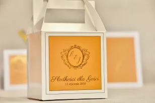 Schachtel für quadratische Torte, Hochzeitstorte - Sonate Nr. 8 - Orange und Gold - Hochzeitszubehör mit Vergoldung