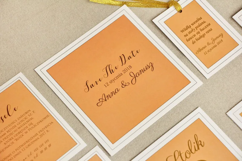 Bilecik Save The Date do zaproszenia ślubnego - Sonata nr 8 - Pomarańcz i biel