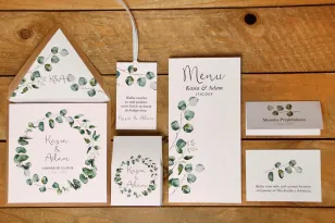 Hochzeitseinladung mit Accessoires - Kalia Nr. 2 - Eukalyptus - mit ökologischem Umschlag