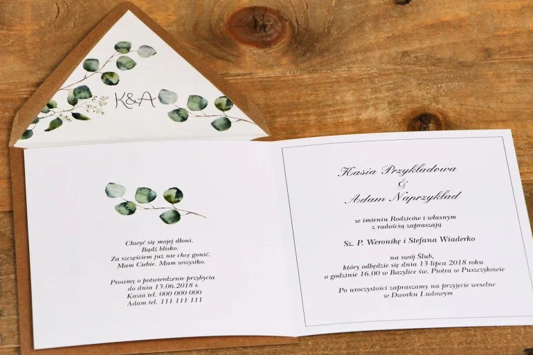 Ekologiczne Zaproszenie ze Stylizacją Greenery | Zaproszenia Weselne w ekologicznej kopercie