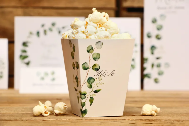 Pudełeczko na popcorn, dodatki ślubne, akcesoria - Kalia nr 2 - Eukaliptus Pudełeczko na popcorn, dodatki ślubne, akcesoria - Kalia nr 2 - Eukaliptus