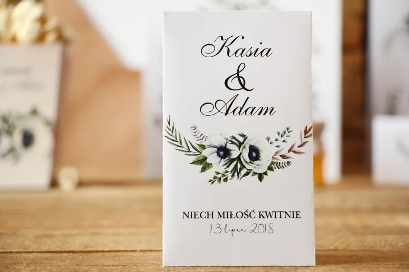 Podziękowania dla Gości weselnych - nasiona Niezapominajki - Kalia nr 3 - Białe anemony - dodatki ślubne Podziękowania dla Gości weselnych - nasiona Niezapominajki - Kalia nr 3 - Białe anemony - dodatki ślubne