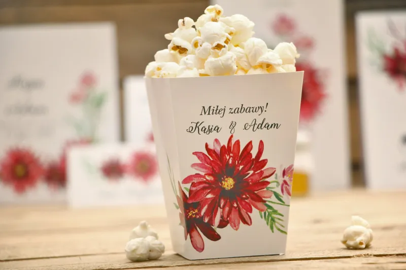 Pudełka na popcorn - Kalia nr 5 - Czerwone dalie - dodatki, akcesoria ślubne Pudełka na popcorn - Kalia nr 5 - Czerwone dalie - dodatki, akcesoria ślubne