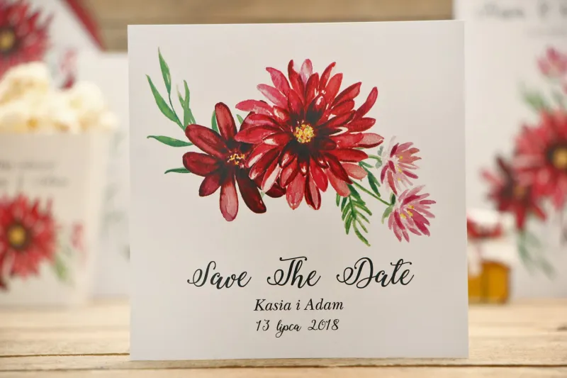 Bilecik Save The Date do zaproszenia ślubnego - Kalia nr 5 - Czerwone dalie Bilecik Save The Date do zaproszenia ślubnego - Kalia nr 5 - Czerwone dalie