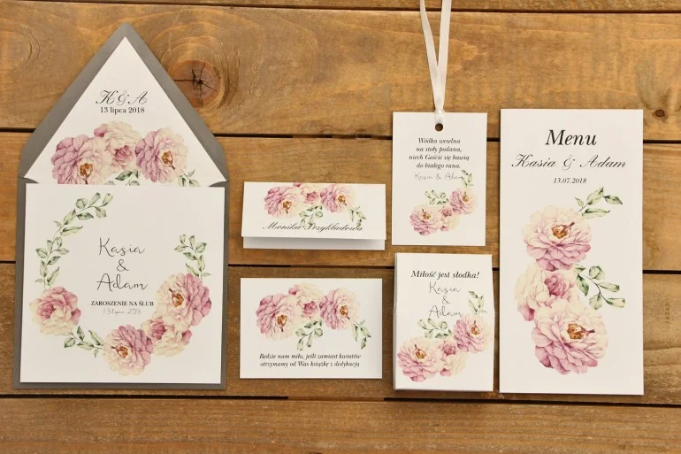 Zaproszenia Weselne z pudrowymi różami i kolorową kopertą | Eleganckie Zaproszenia na Ślub