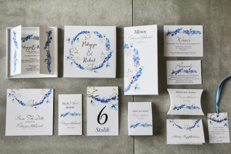 Efektowne zaproszenie ślubne w pudełku z dodatkami - Pistacjowe 7 - Delikatne niebieskie gałązki