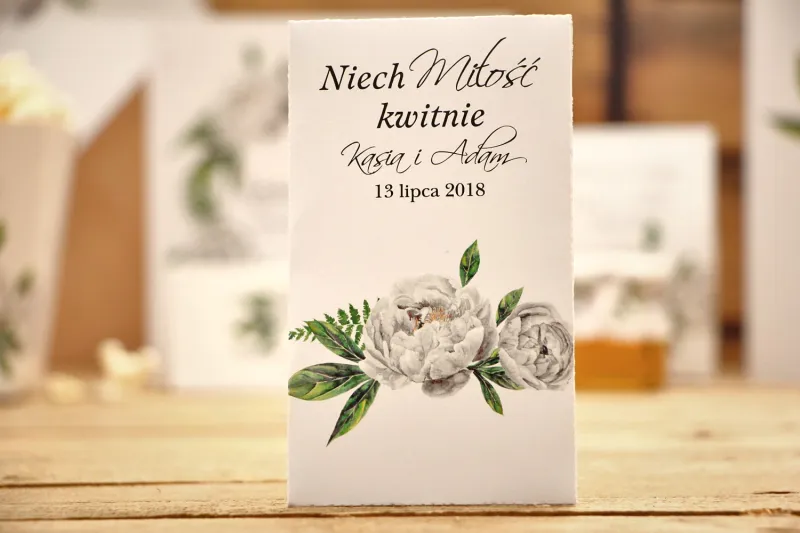 Podziękowania dla Gości weselnych - Nasiona Niezapominajki - Kalia nr 8 - Białe piwonie - dodatki ślubne Podziękowania dla Gości weselnych - Nasiona Niezapominajki - Kalia nr 8 - Białe piwonie - dodatki ślubne