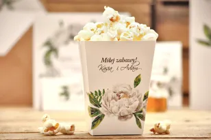 Pudełka na popcorn, akcesoria ślubne - Kalia nr 8 - Białe piwonie