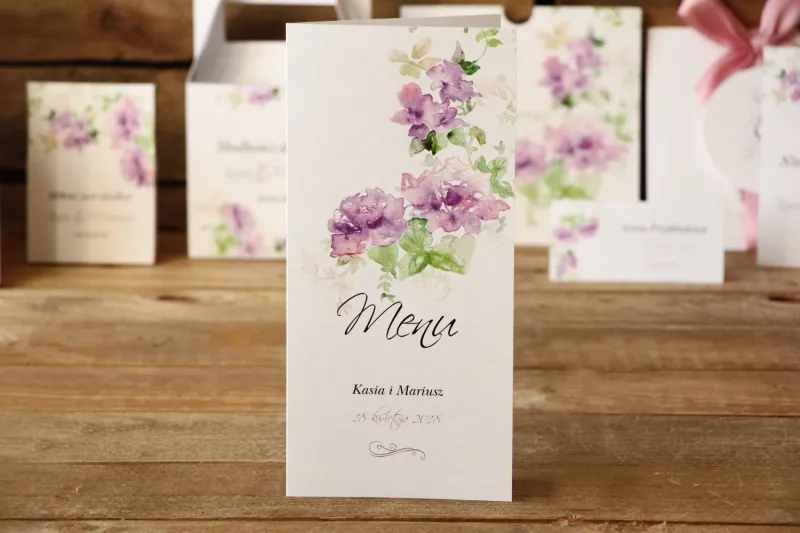 Menu weselne, dodatki ślubne na stół - Malowane Kwiaty nr 1 - Fioletowe kwiaty