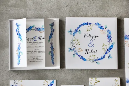 Auffällige Hochzeitseinladung in einer Schachtel - Pistazie Nr. 7 - Zarte Zweige in Blautönen