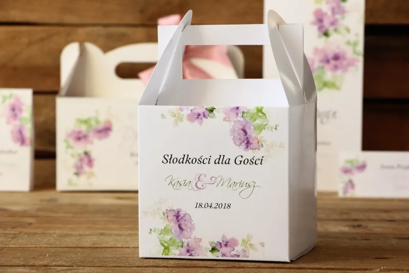 Pudełko na ciasto kwadratowe - Malowane Kwiaty nr 1 - Fioletowe - dodatki ślubne