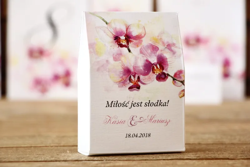 Pudełeczka stojące z cukierkami - Malowane Kwiaty nr 2 - Orchidea - podziękowania dla Gości weselnych Pudełeczka stojące z cukierkami - Malowane Kwiaty nr 2 - Orchidea - podziękowania dla Gości weselnych