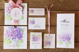 Zaproszenia ślubne z dodatkami - Malowane Kwiaty nr 3 - Fioletowa hortensja - papeteria ślubna