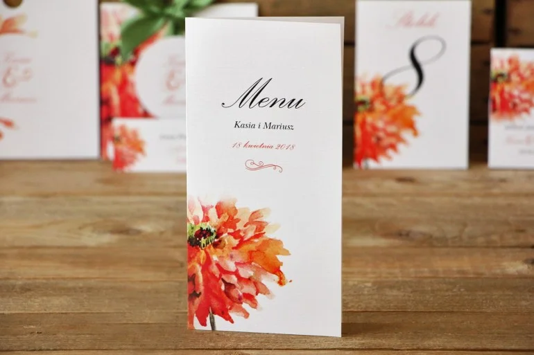 Menu weselne - Malowane Kwiaty nr 5 - Pomarańczowe - dodatki ślubne