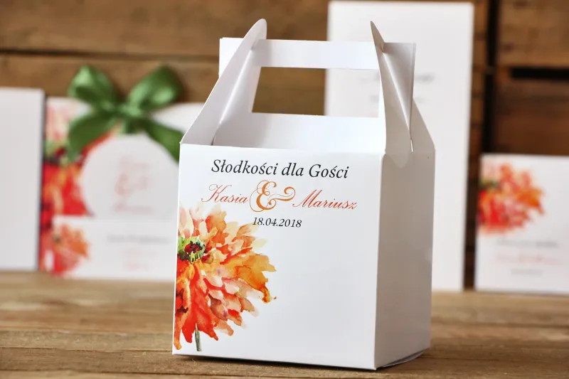 Pudełka na ciasto kwadratowe - Malowane Kwiaty nr 5 - Pomarańczowe - dodatki ślubne, tort weselny Pudełka na ciasto kwadratowe - Malowane Kwiaty nr 5 - Pomarańczowe - dodatki ślubne, tort weselny
