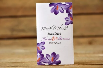 Nasiona Niezapominajki w opakowaniu z fioletowymi Krokusami | Podziękowania dla Gości | Malowane Kwiaty nr 10