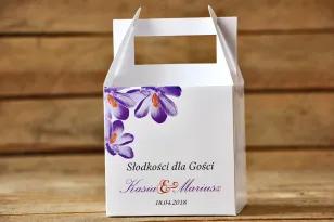 Pudełko na ciasto, tort weselny, kwadratowe - Malowane kwiaty nr 10 - Fioletowe krokusy - dodatki ślubne