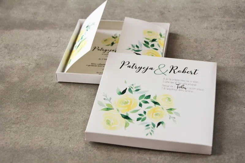 Efektowne Zaproszenie ślubne w pudełku - Pistacjowe nr 9 - Akwarelowe żółte róże