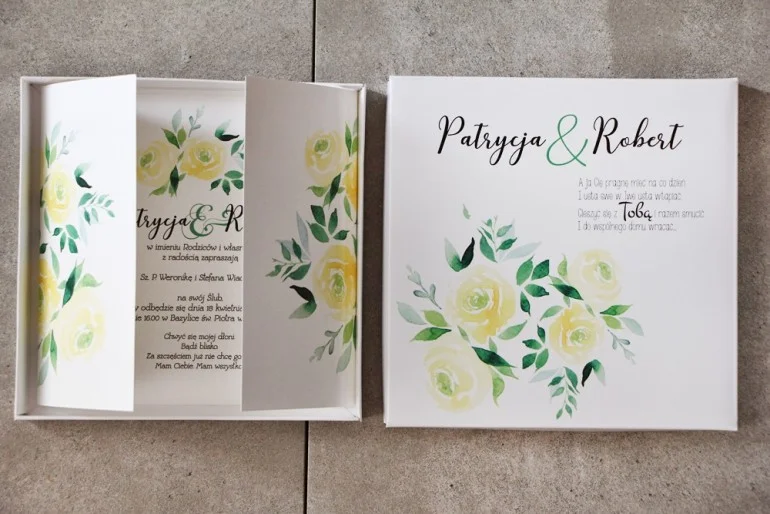 Eleganckie Zaproszenia w Pudełku z akwarelowymi różami | Biało-zielone akcenty