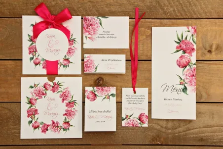 Zaproszenia ślubne z dodatkami - Malowane Kwiaty nr 15 - Amarantowe piwonie - papeteria ślubna