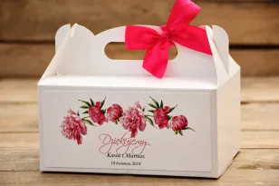 Pudełko na ciasto prostokątne z kokardą - Malowane Kwiaty nr 15 -Amarantowe piwonie - dodatki ślubne, tort weselny