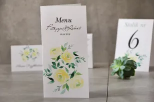 Menu weselne, ślub, stół weselny - Pistacjowe nr 9 - Delikatne akwarelowe żółte róże