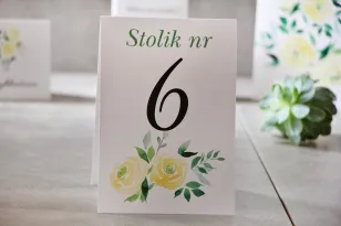 Numery stolików, stół weselny, Ślub - Pistacjowe nr 9 - Akwarelowe żółte róże