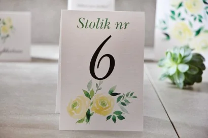 Numery stolików, stół weselny - Pistacjowe nr 9 - Żółte róże