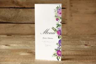 Menu weselne, dodatki na stół weselny - Malowane Kwiaty nr 14 - Fioletowe - dodatki ślubne