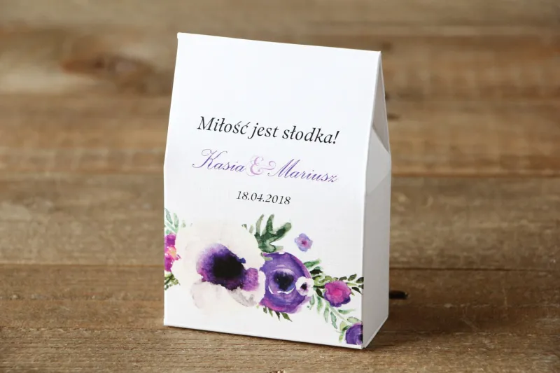 Pudełeczka na cukierki stojące - Malowane Kwiaty nr 14 - Fiolet - podziękowania dla Gości weselnych