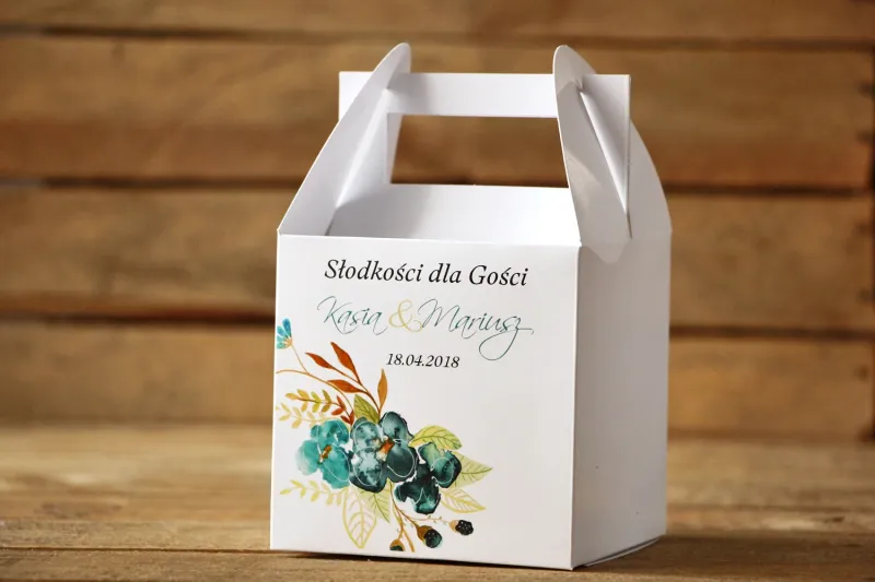Pudełko na ciasto, kwadratowe - Malowane Kwiaty nr 21 - Szmaragdowe - dodatki ślubne, tort weselny Pudełko na ciasto, kwadratowe - Malowane Kwiaty nr 21 - Szmaragdowe - dodatki ślubne, tort weselny