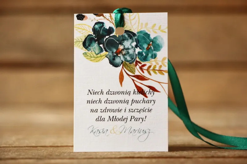 Zawieszka na butelkę - Malowane Kwiaty nr 21 - Szmaragdowe - dodatki ślubne, akcesoria weselne Zawieszka na butelkę - Malowane Kwiaty nr 21 - Szmaragdowe - dodatki ślubne, akcesoria weselne